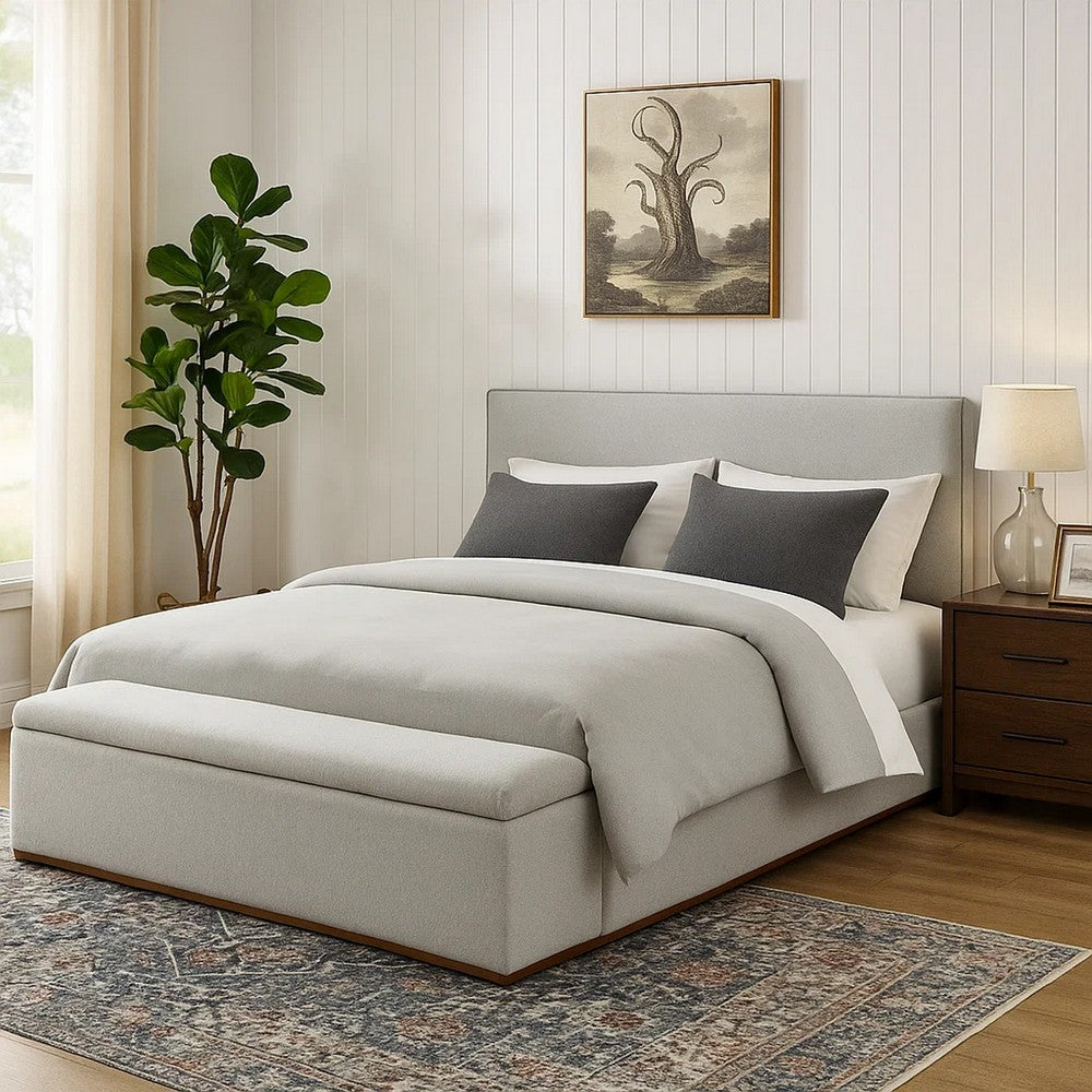 Bex Queen Platform Bed | Lift Top Storage Bench | Gray Linen Upholstery