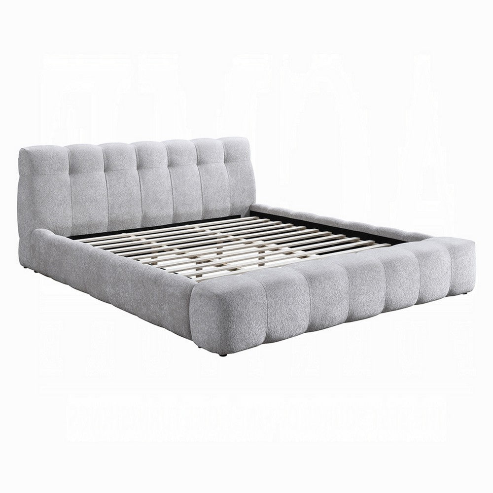 Nah King Platform Bed with Bench | Grid Tufted | Channeled Gray Chenille