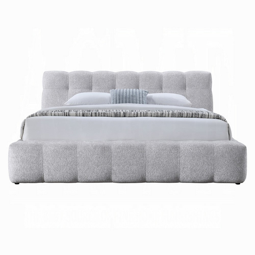 Nah King Platform Bed with Bench | Grid Tufted | Channeled Gray Chenille