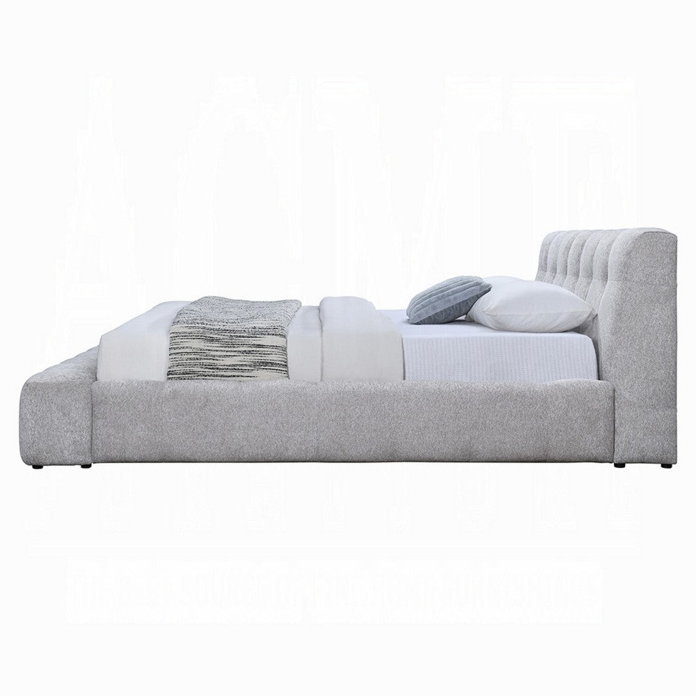 Nah King Platform Bed with Bench | Grid Tufted | Channeled Gray Chenille