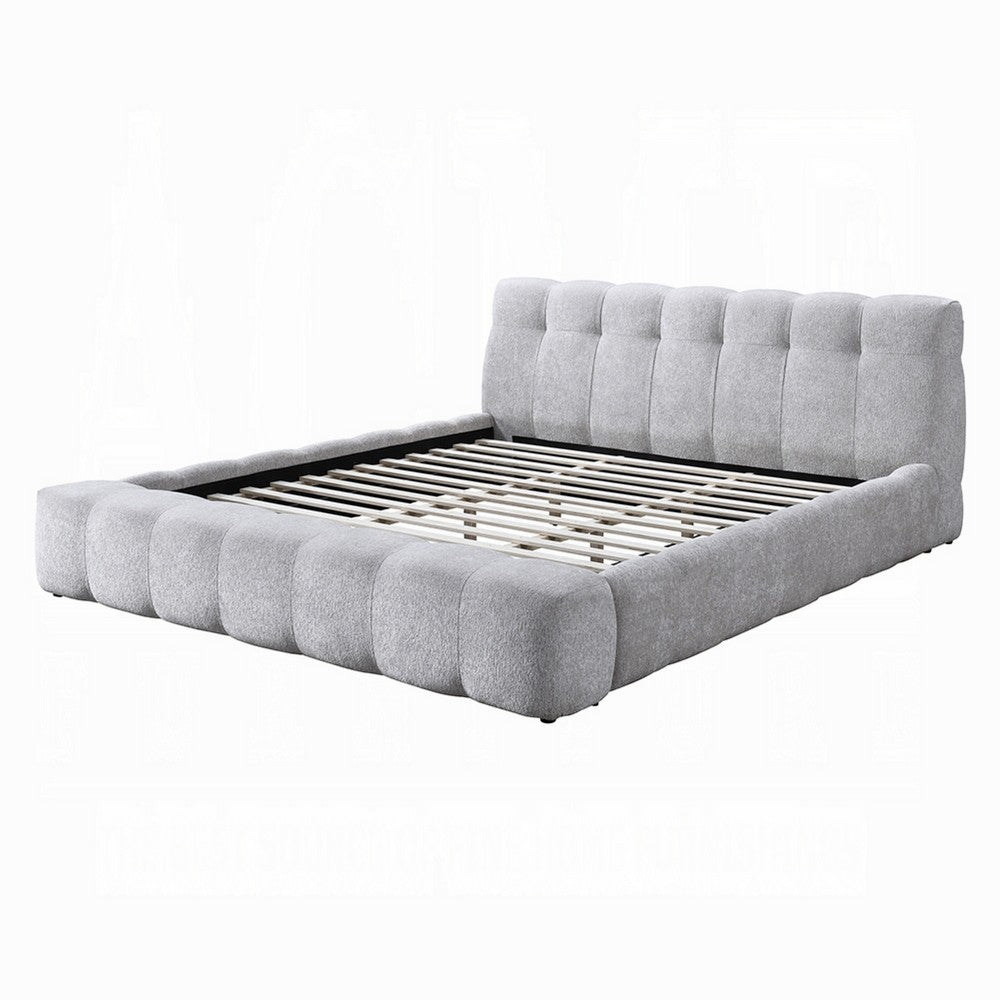 Nah King Platform Bed with Bench | Grid Tufted | Channeled Gray Chenille