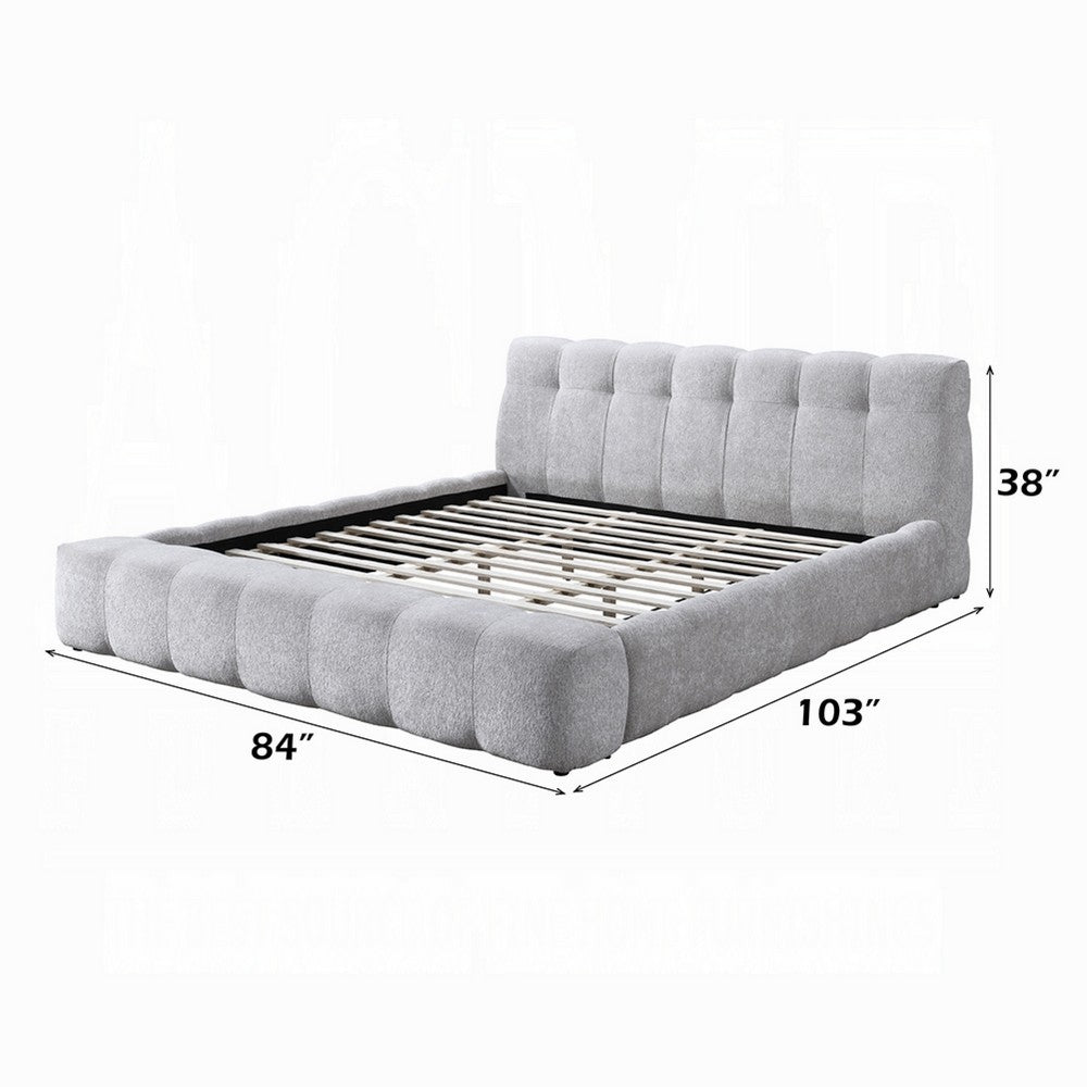 Nah King Platform Bed with Bench | Grid Tufted | Channeled Gray Chenille