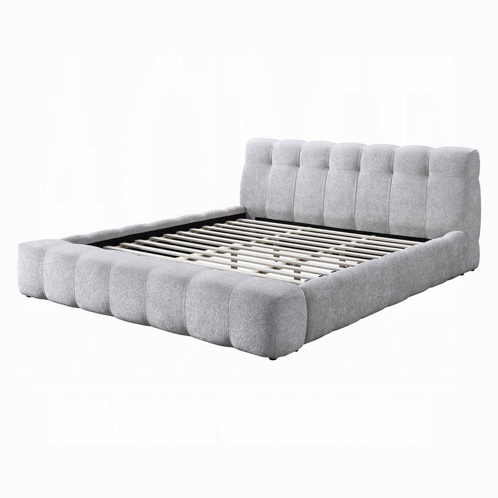 Nah Queen Platform Bed with Bench | Grid Tufted | Channeled Gray Chenille