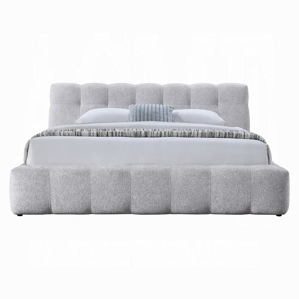 Nah Queen Platform Bed with Bench | Grid Tufted | Channeled Gray Chenille
