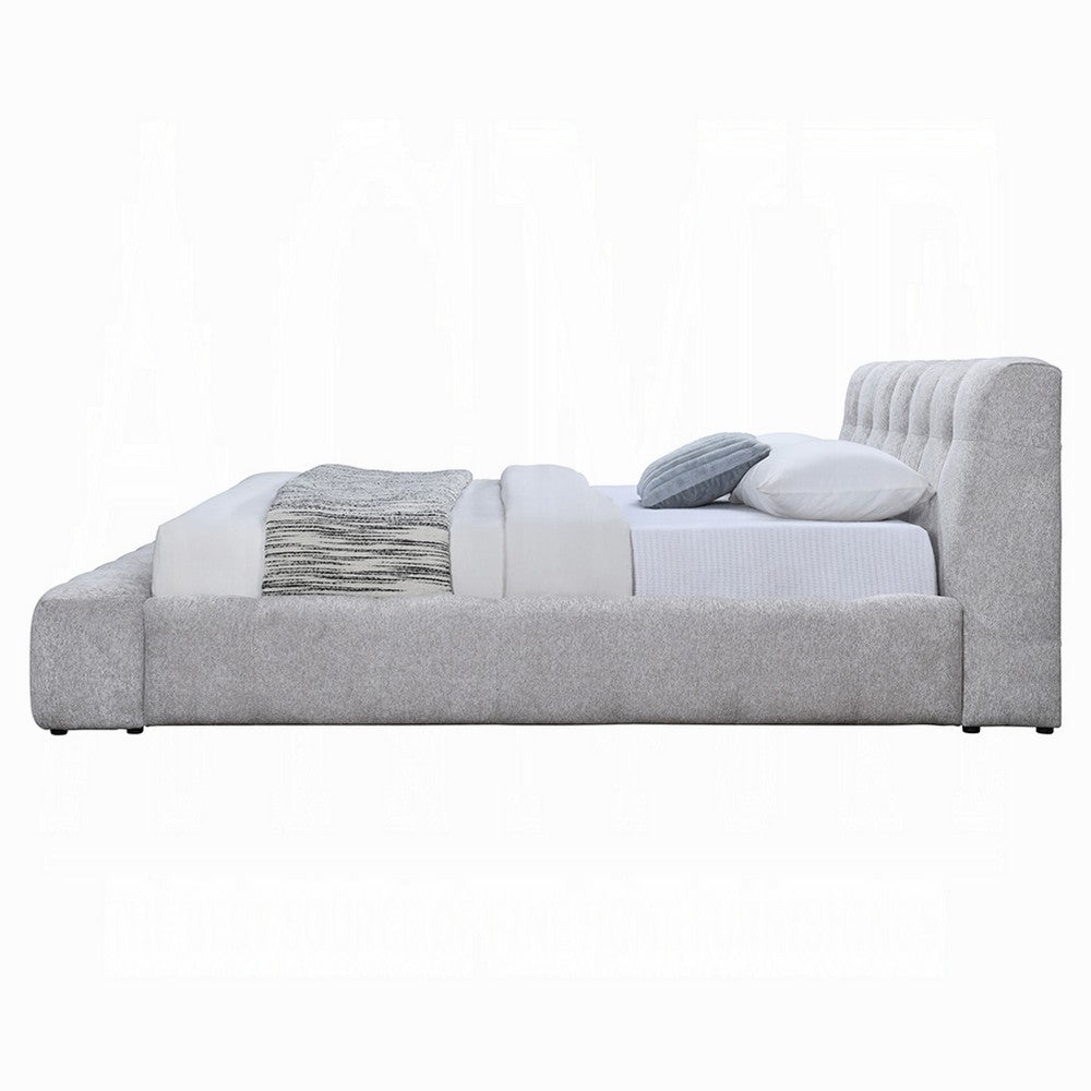 Nah Queen Platform Bed with Bench | Grid Tufted | Channeled Gray Chenille