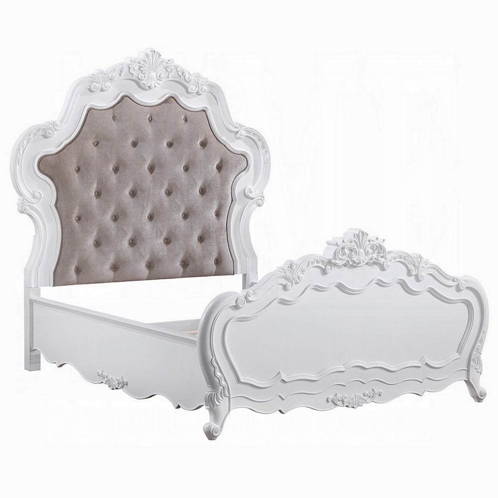 Maver Queen Size Bed | Taupe Upholstered Scalloped Headboard | White