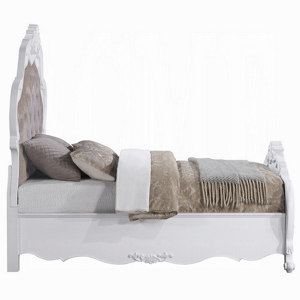 Maver Queen Size Bed | Taupe Upholstered Scalloped Headboard | White