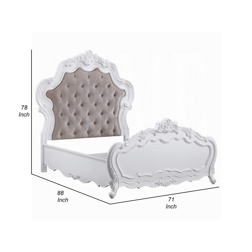 Maver Queen Size Bed | Taupe Upholstered Scalloped Headboard | White