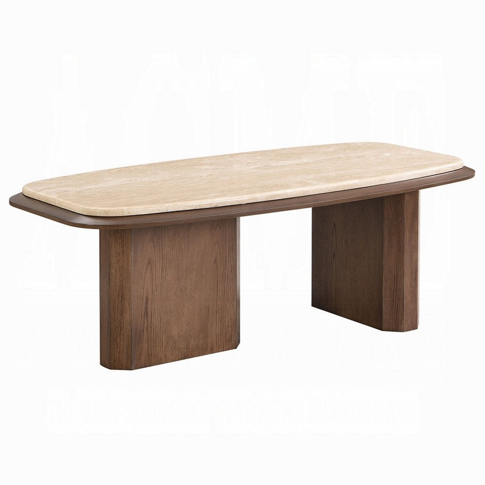 Pery Coffee Table | 51" Beige Travertine Stone Top | Walnut Brown
