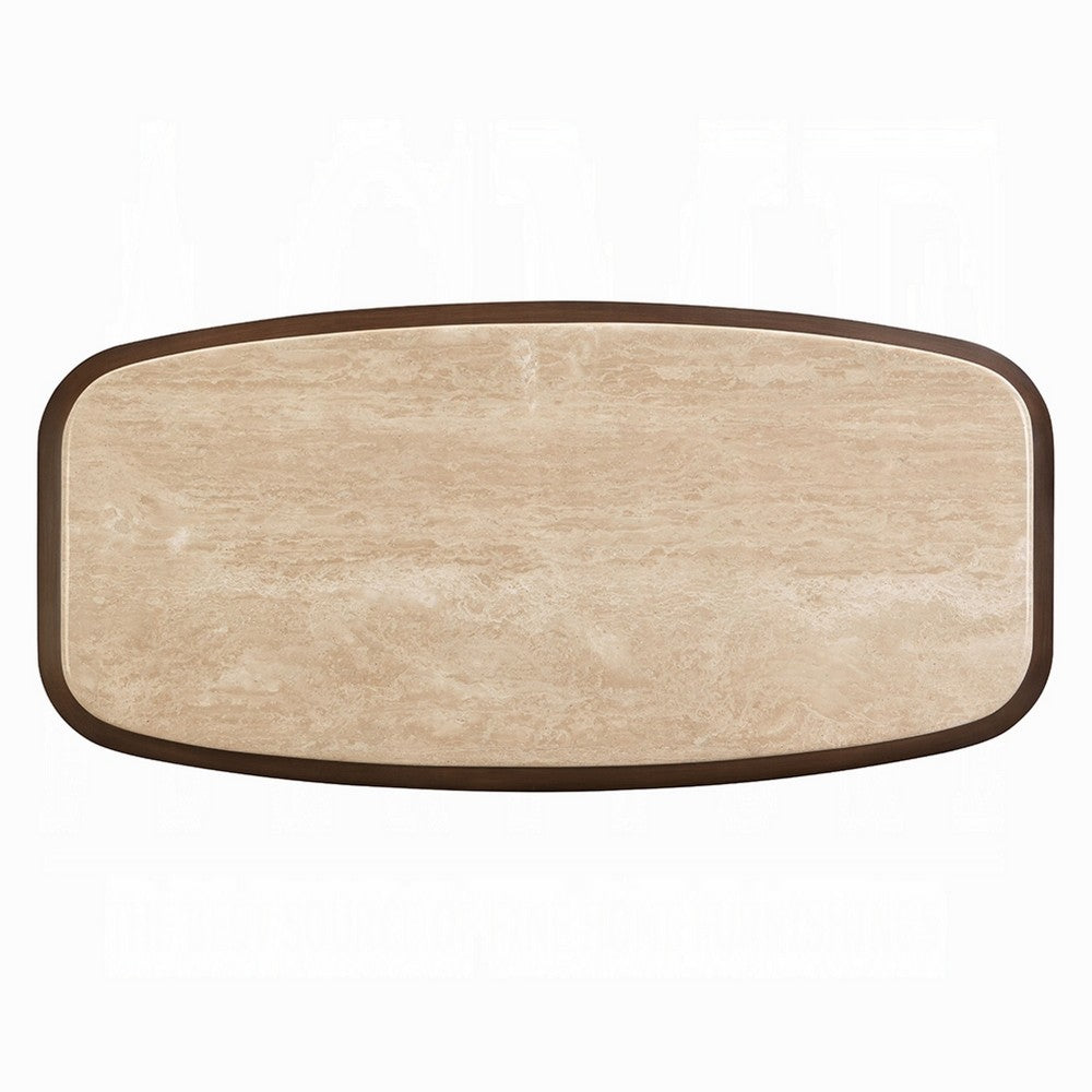 Pery Coffee Table | 51" Beige Travertine Stone Top | Walnut Brown