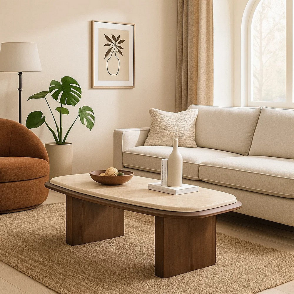 Pery Coffee Table | 51" Beige Travertine Stone Top | Walnut Brown