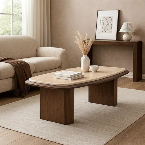 Pery Coffee Table | 51" Beige Travertine Stone Top | Walnut Brown