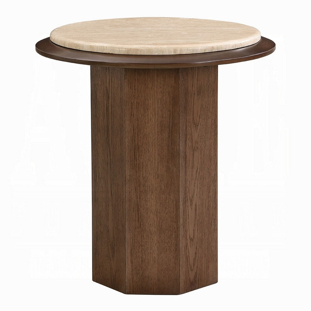 Pery Side End Table | 22" Beige Travertine Stone Top | Walnut Brown