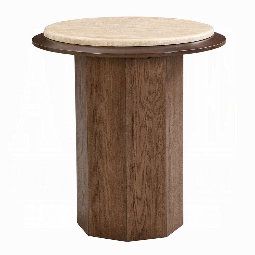 Pery Side End Table | 22" Beige Travertine Stone Top | Walnut Brown