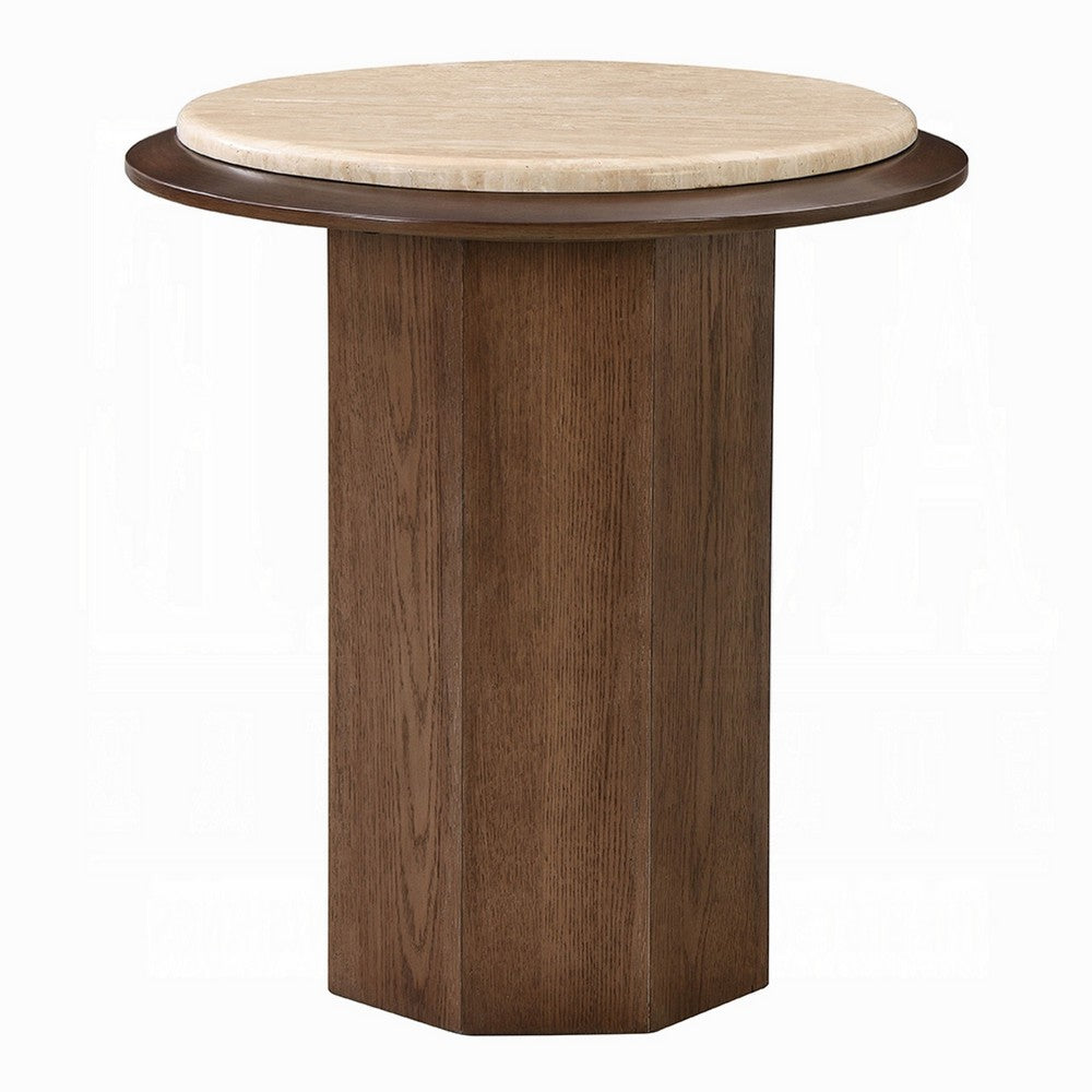 Pery Side End Table | 22" Beige Travertine Stone Top | Walnut Brown
