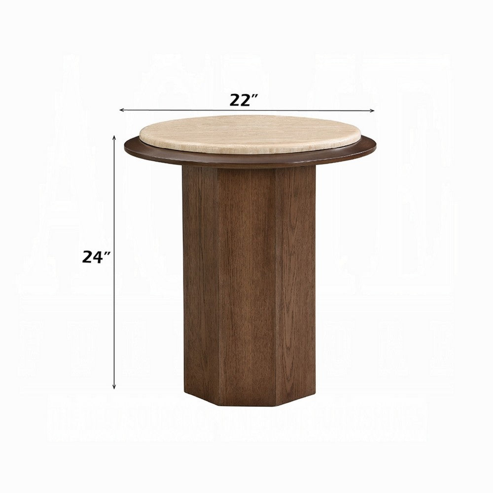 Pery Side End Table | 22" Beige Travertine Stone Top | Walnut Brown