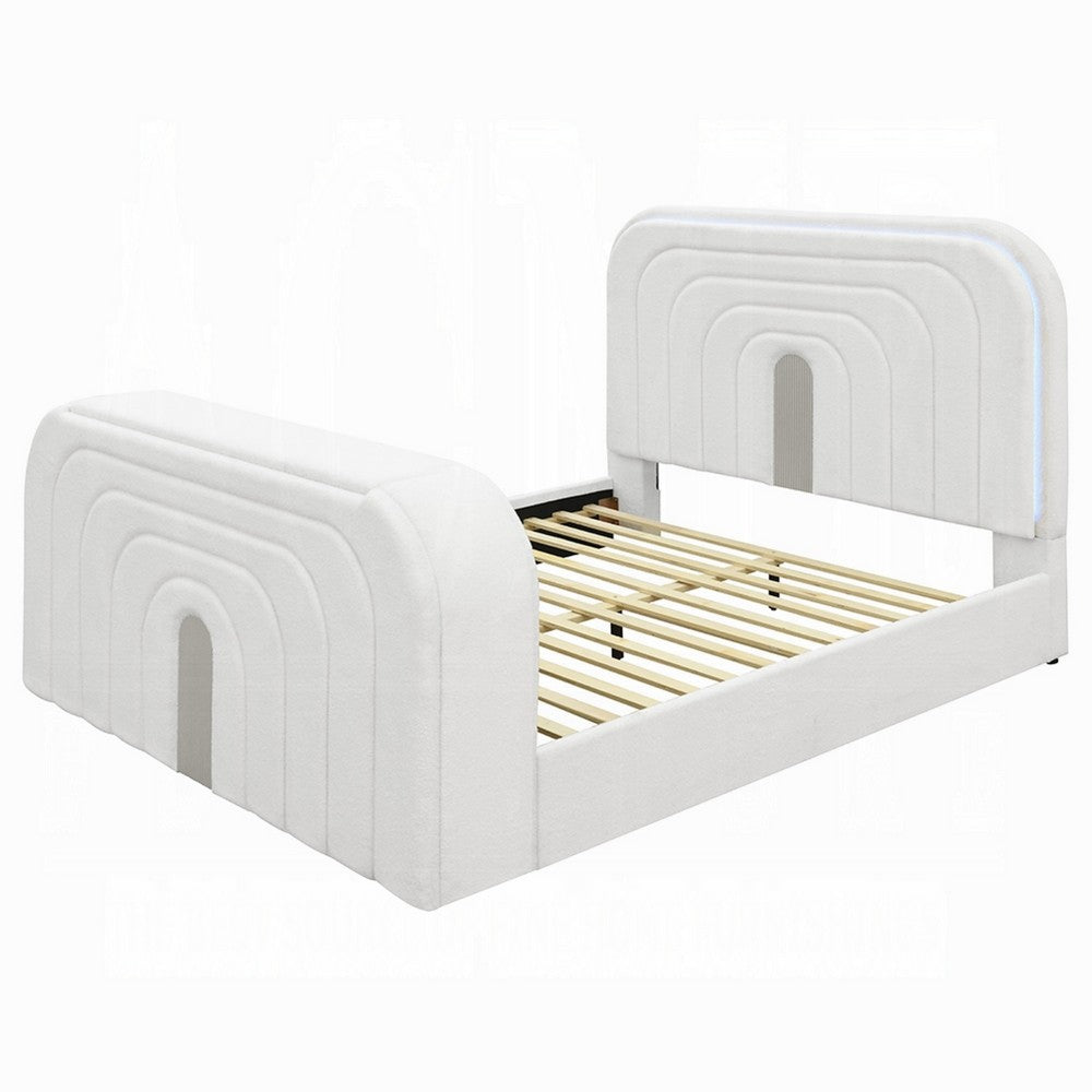 Kery Queen Bed w TV Lift | LED Fireplace | Bluetooth | White Teddy Sherpa