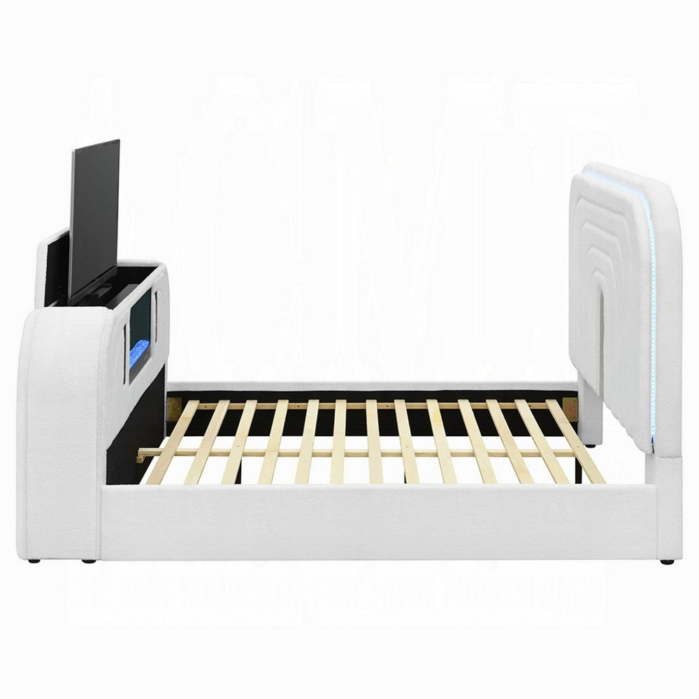 Kery Queen Bed w TV Lift | LED Fireplace | Bluetooth | White Teddy Sherpa