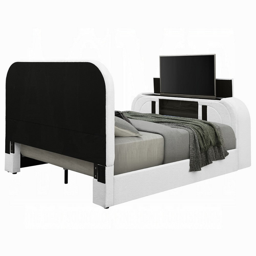 Kery Queen Bed w TV Lift | LED Fireplace | Bluetooth | White Teddy Sherpa