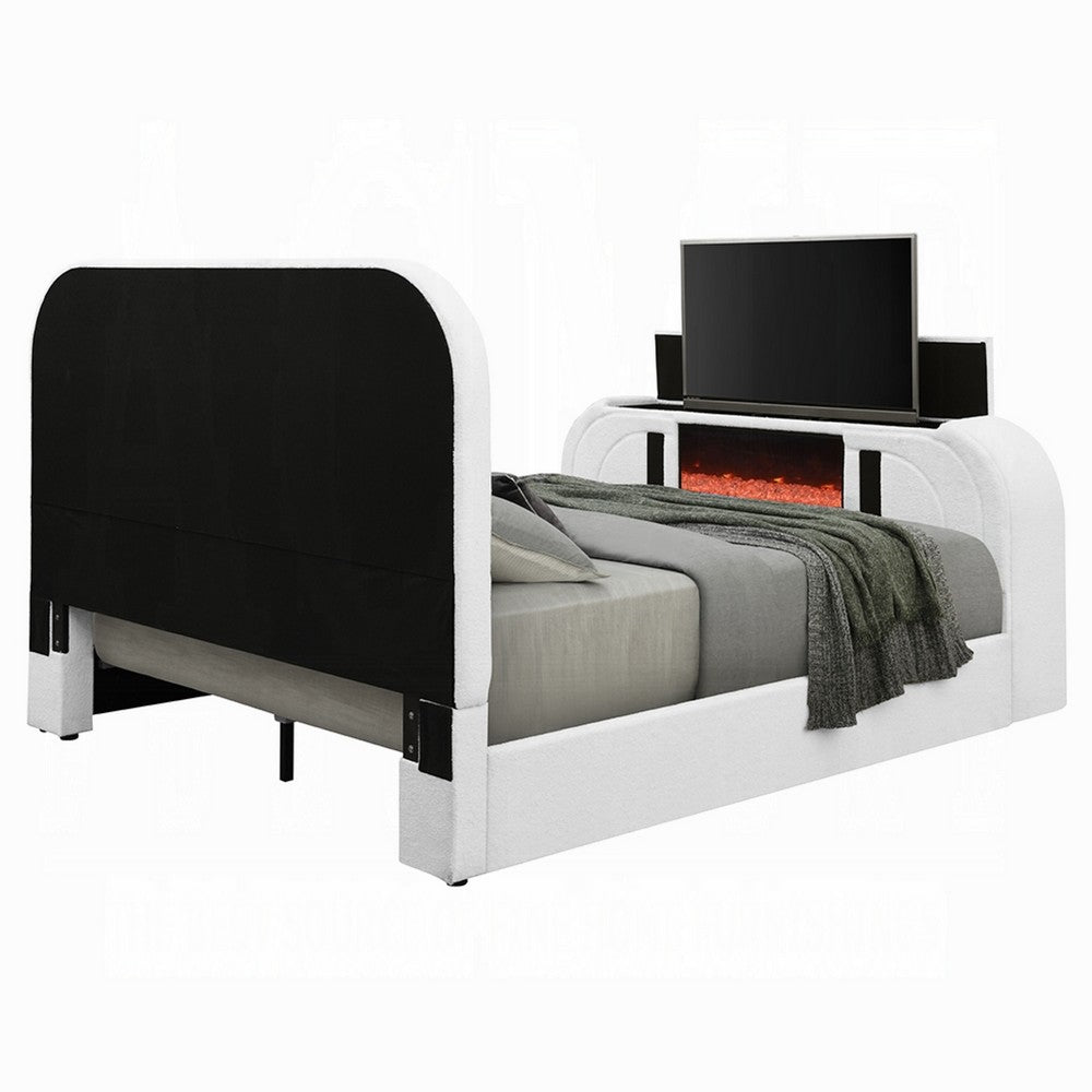 Kery Queen Bed w TV Lift | LED Fireplace | Bluetooth | White Teddy Sherpa