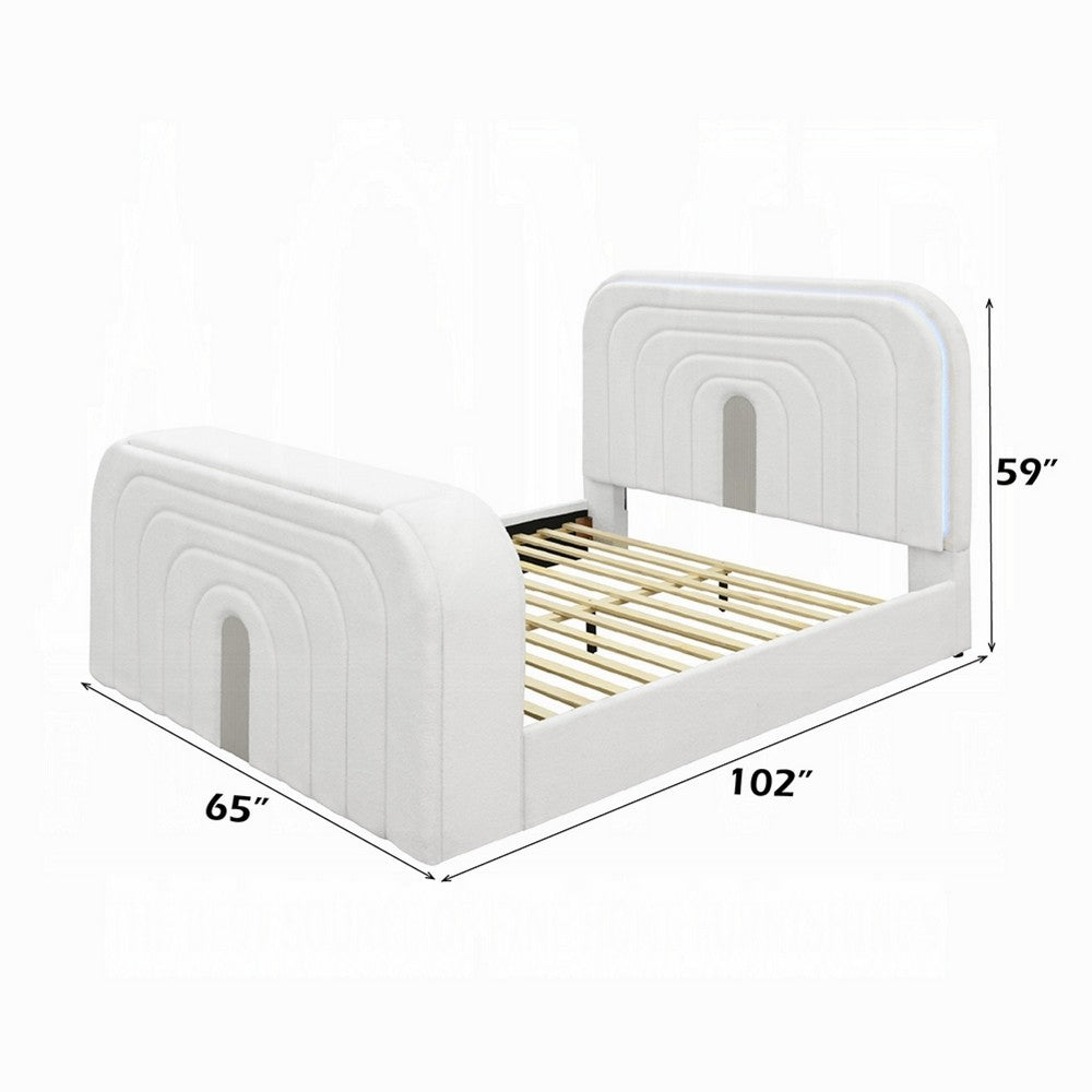 Kery Queen Bed w TV Lift | LED Fireplace | Bluetooth | White Teddy Sherpa