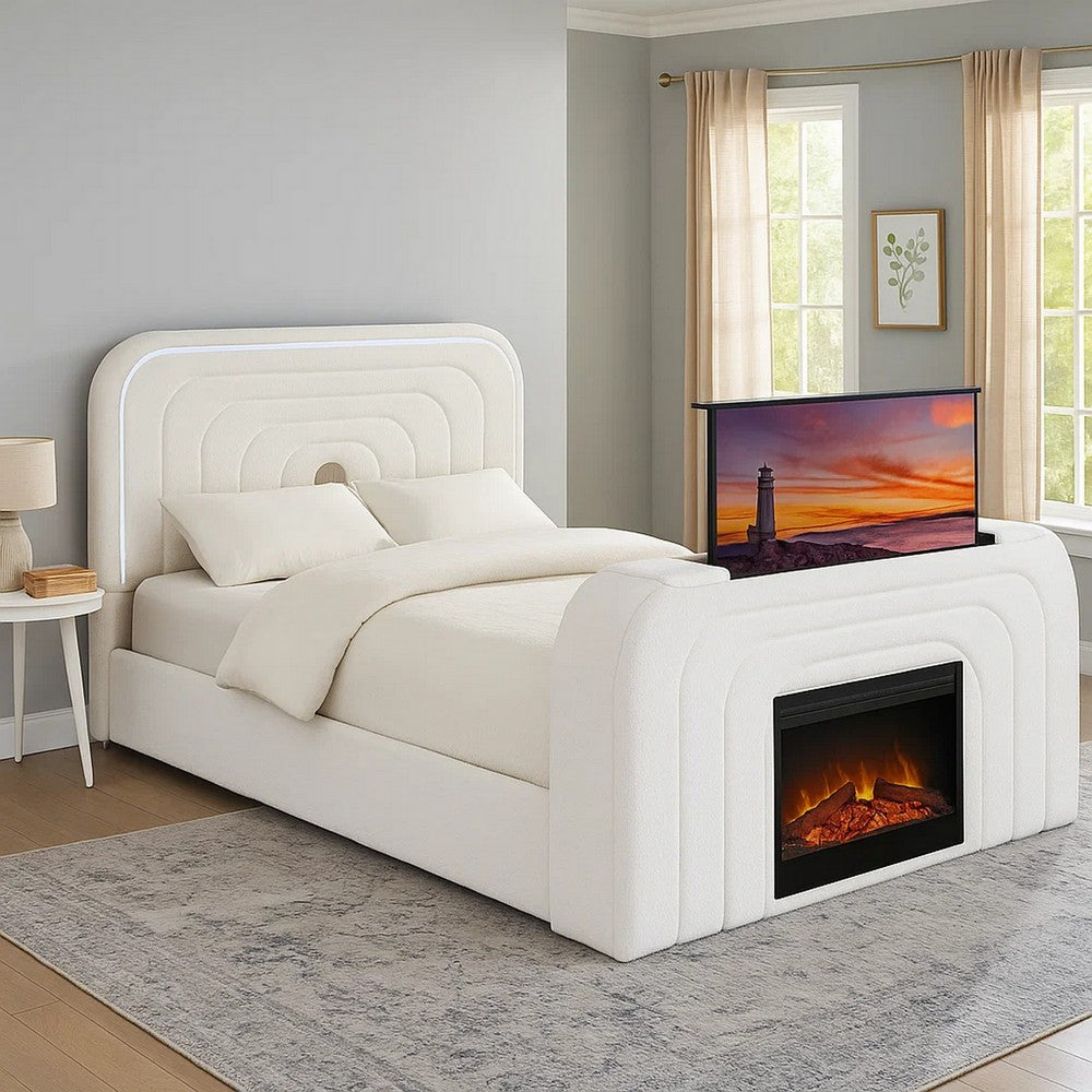 Kery Queen Bed w TV Lift | LED Fireplace | Bluetooth | White Teddy Sherpa