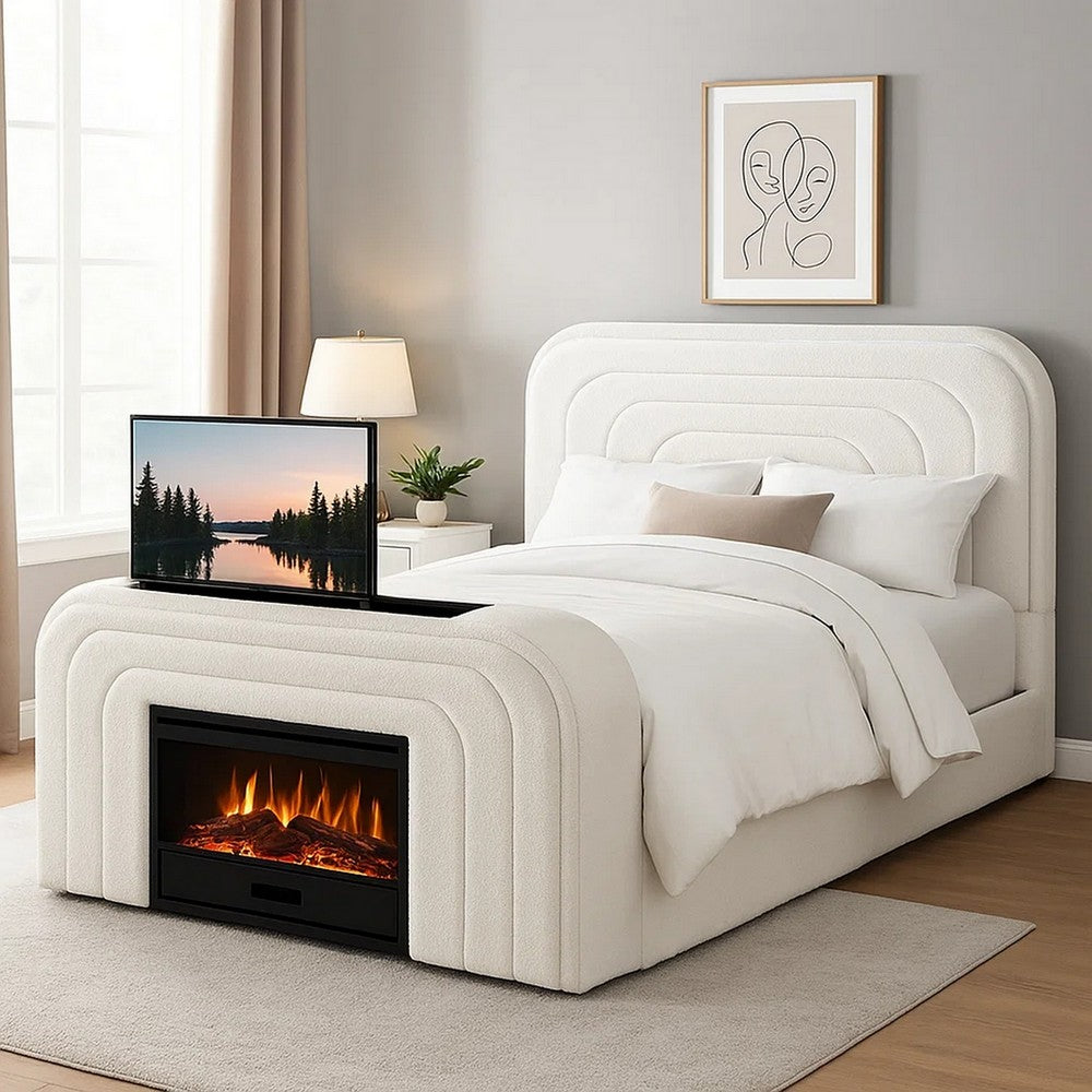 Kery Queen Bed w TV Lift | LED Fireplace | Bluetooth | White Teddy Sherpa