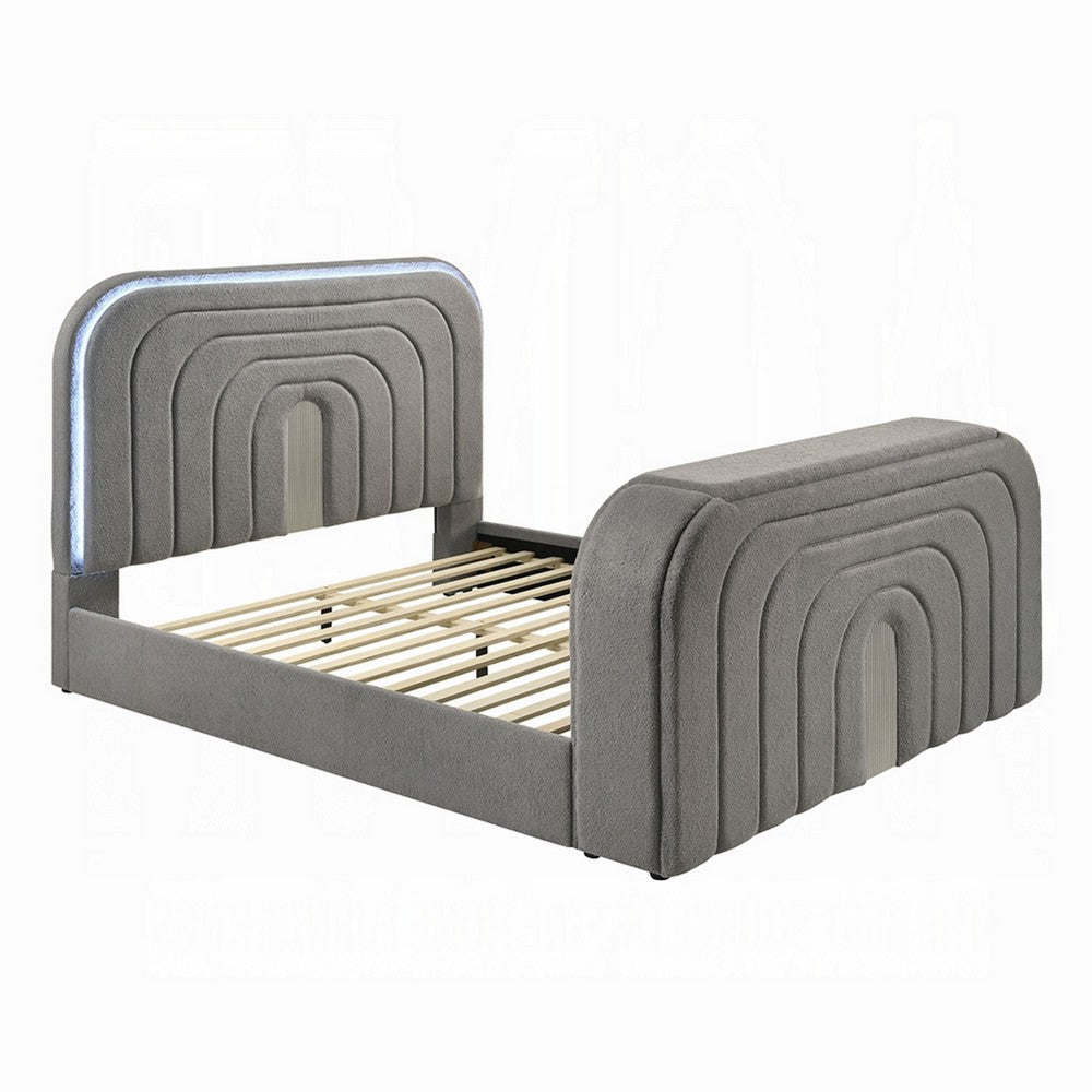 Kery Queen Bed w TV Lift | LED Fireplace | Bluetooth | Gray Teddy Sherpa