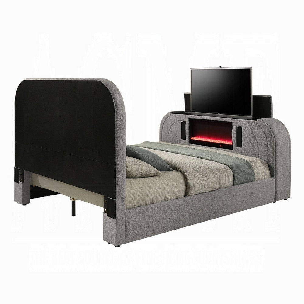 Kery Queen Bed w TV Lift | LED Fireplace | Bluetooth | Gray Teddy Sherpa