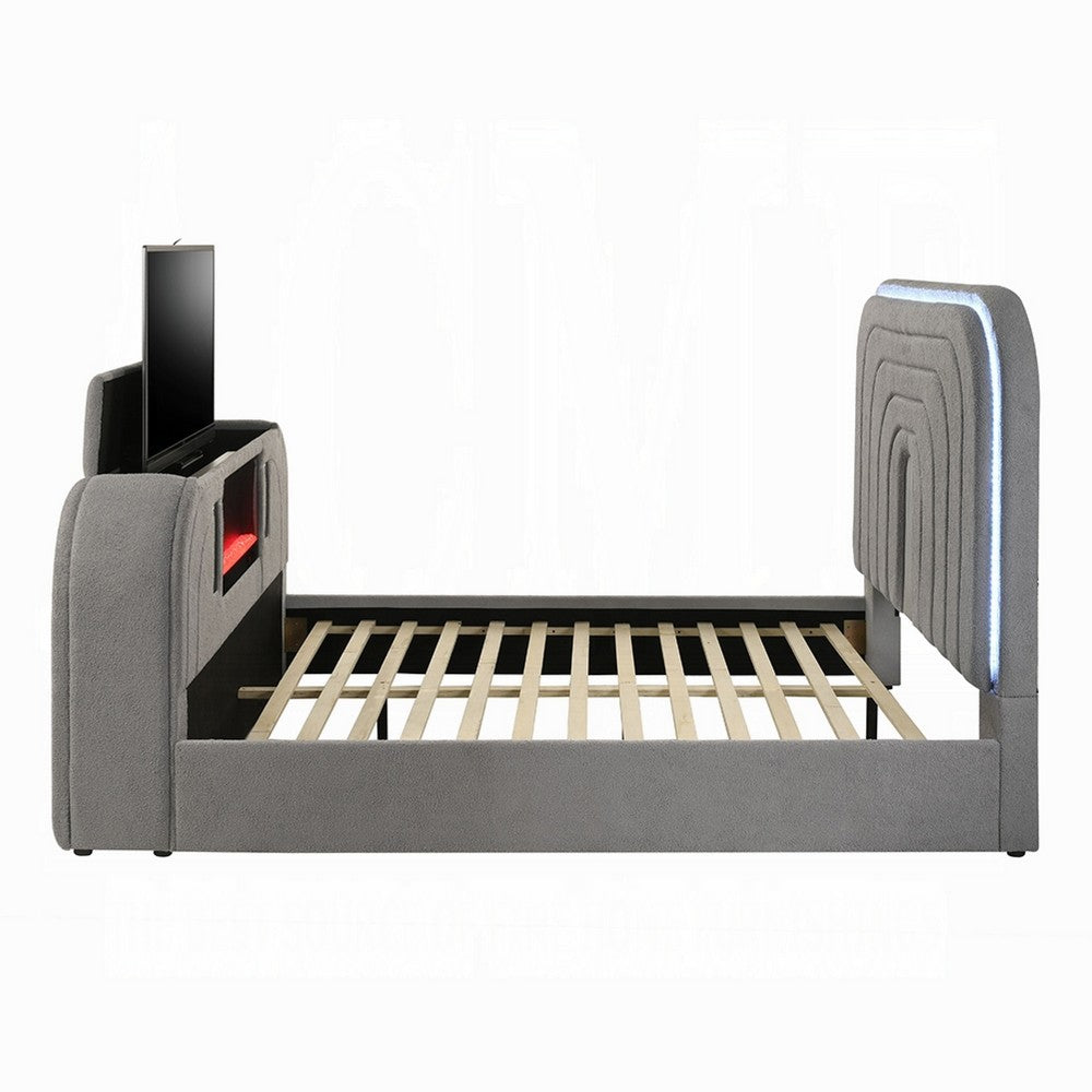 Kery Queen Bed w TV Lift | LED Fireplace | Bluetooth | Gray Teddy Sherpa