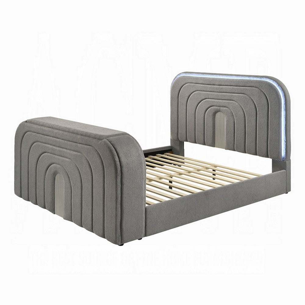 Kery Queen Bed w TV Lift | LED Fireplace | Bluetooth | Gray Teddy Sherpa