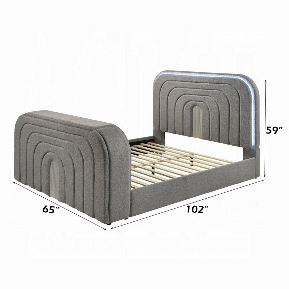 Kery Queen Bed w TV Lift | LED Fireplace | Bluetooth | Gray Teddy Sherpa