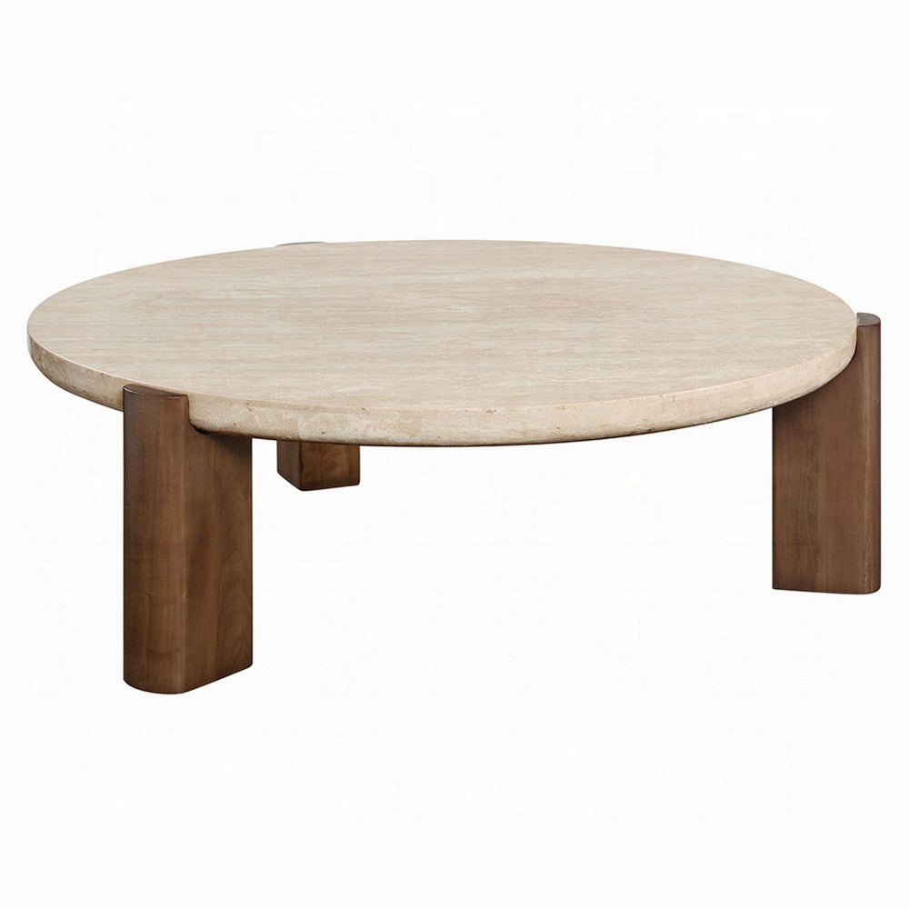 Hery Coffee Table | 40" Round Beige Travertine Stone Top | Oak Brown