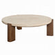 Hery Coffee Table | 40" Round Beige Travertine Stone Top | Oak Brown