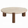 Hery Coffee Table | 40" Round Beige Travertine Stone Top | Oak Brown