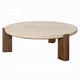 Hery Coffee Table | 40" Round Beige Travertine Stone Top | Oak Brown