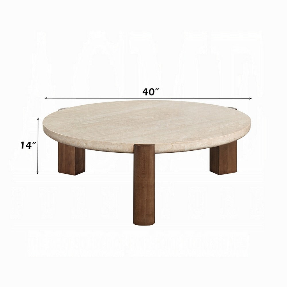 Hery Coffee Table | 40" Round Beige Travertine Stone Top | Oak Brown