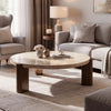 Hery Coffee Table | 40" Round Beige Travertine Stone Top | Oak Brown