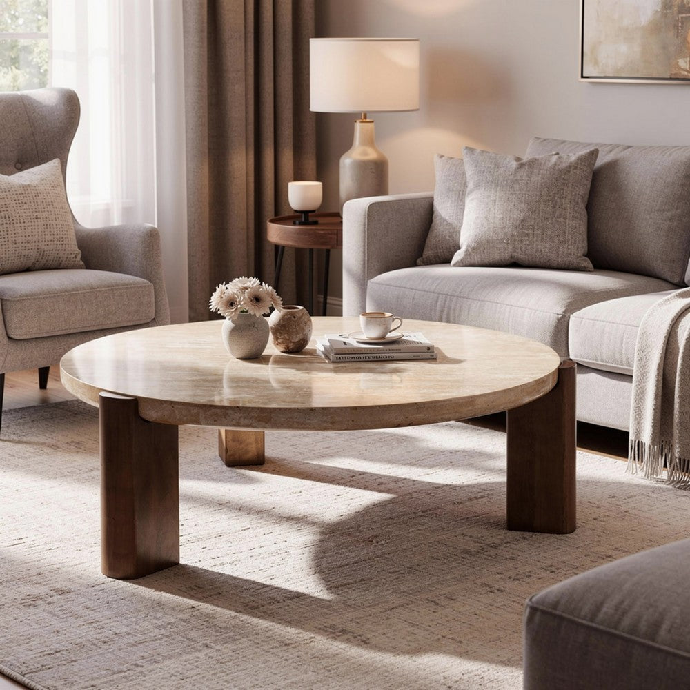Hery Coffee Table | 40" Round Beige Travertine Stone Top | Oak Brown