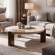 Hery Coffee Table | 40" Round Beige Travertine Stone Top | Oak Brown