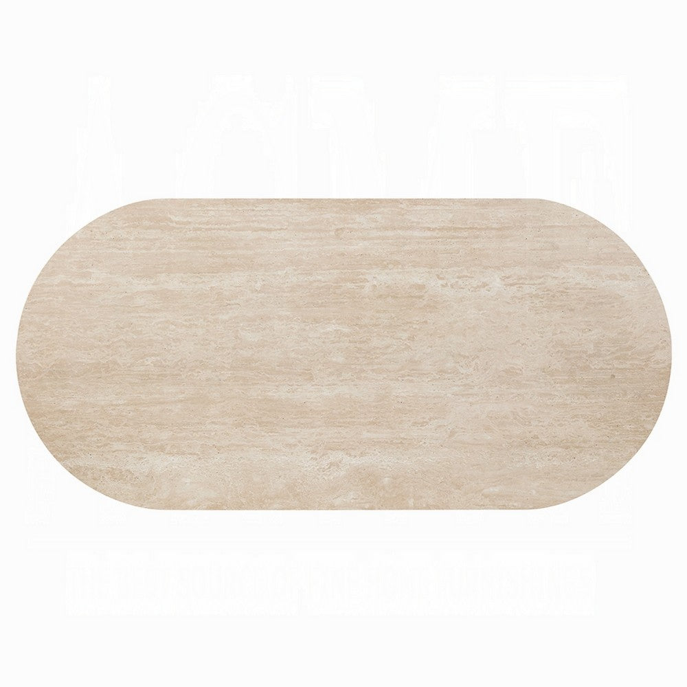 Hery Dining Table | 87" Oval Beige Travertine Stone Top | Oak Brown
