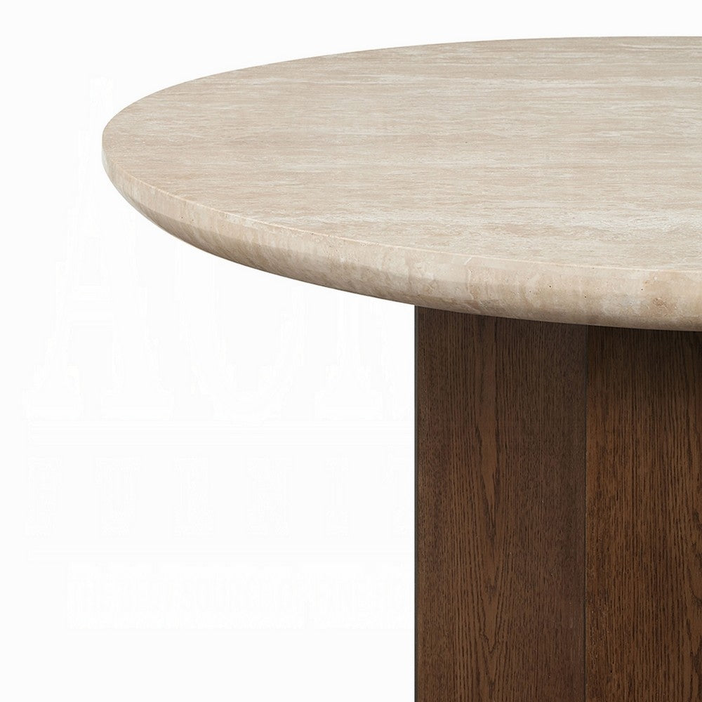 Hery Dining Table | 87" Oval Beige Travertine Stone Top | Oak Brown
