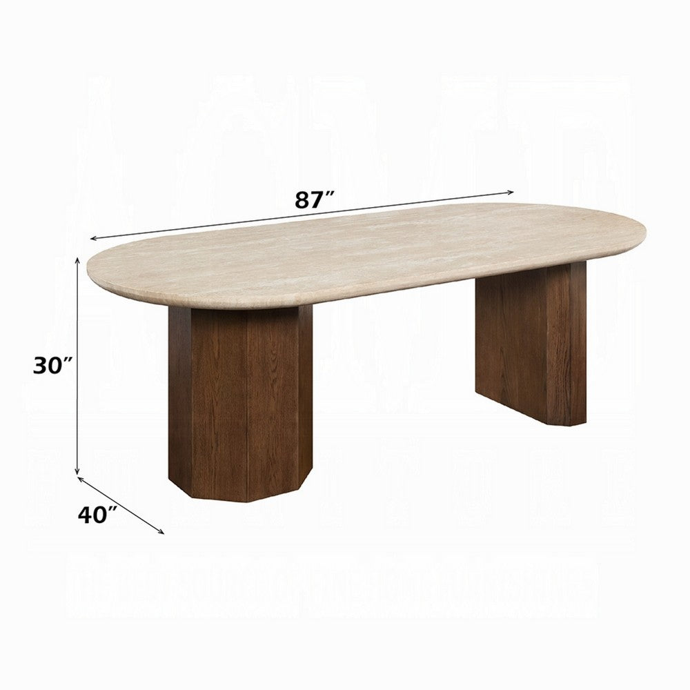 Hery Dining Table | 87" Oval Beige Travertine Stone Top | Oak Brown