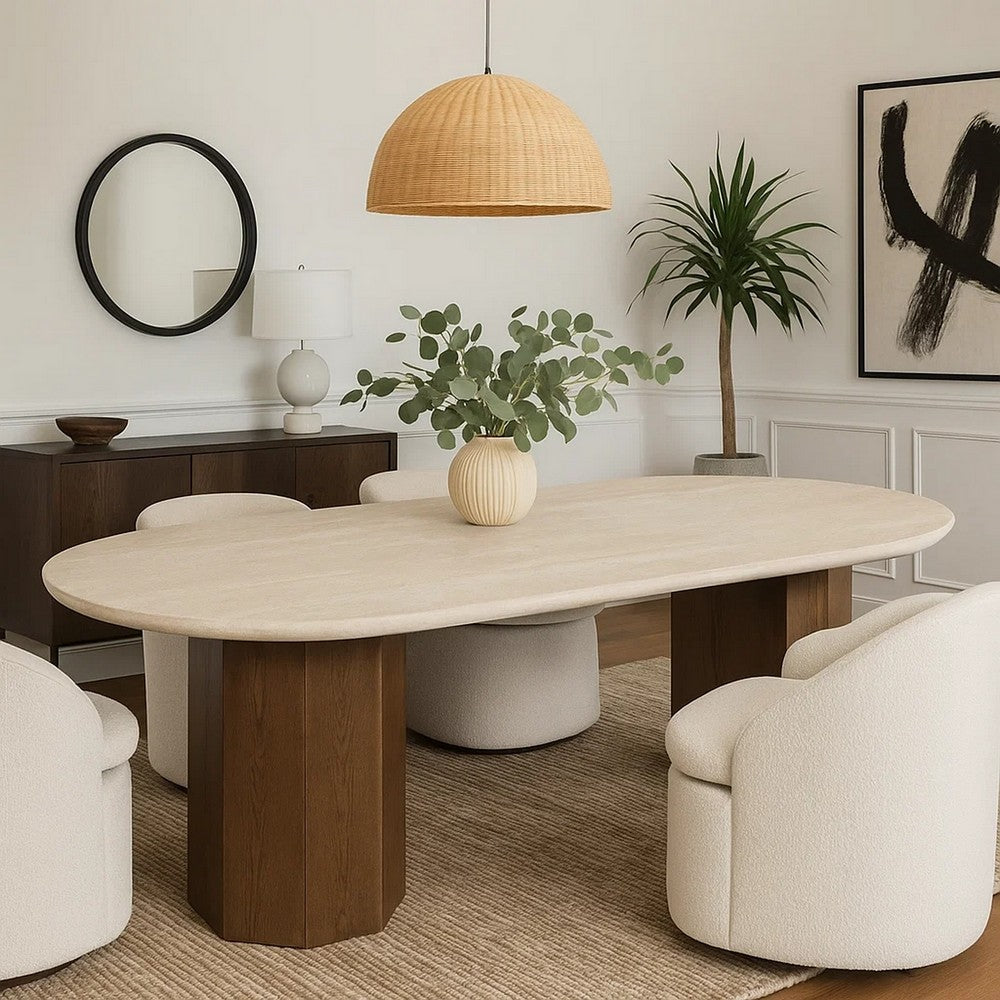 Hery Dining Table | 87" Oval Beige Travertine Stone Top | Oak Brown
