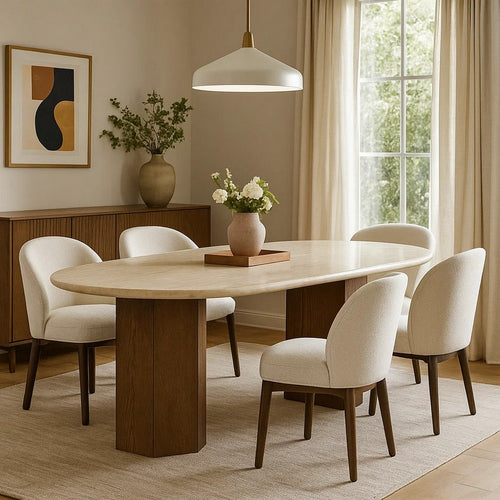 Hery Dining Table | 87" Oval Beige Travertine Stone Top | Oak Brown