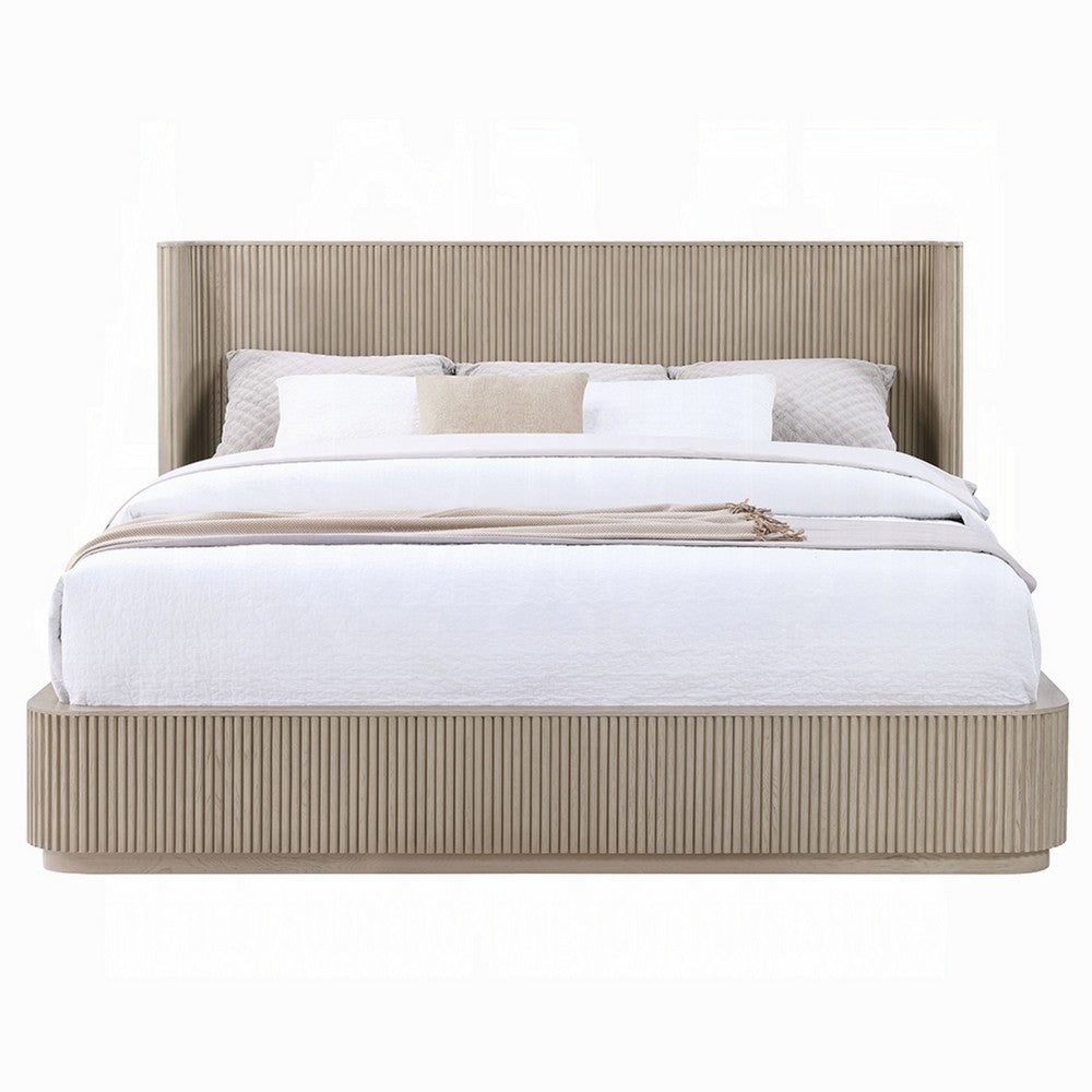 Dery Queen Size Bed | Reeded Headboard & Footboard Panels | Oak Brown