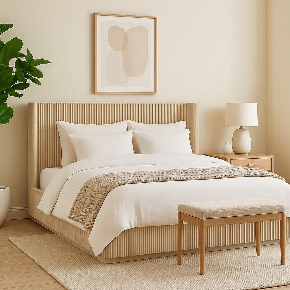 Dery Queen Size Bed | Reeded Headboard & Footboard Panels | Oak Brown