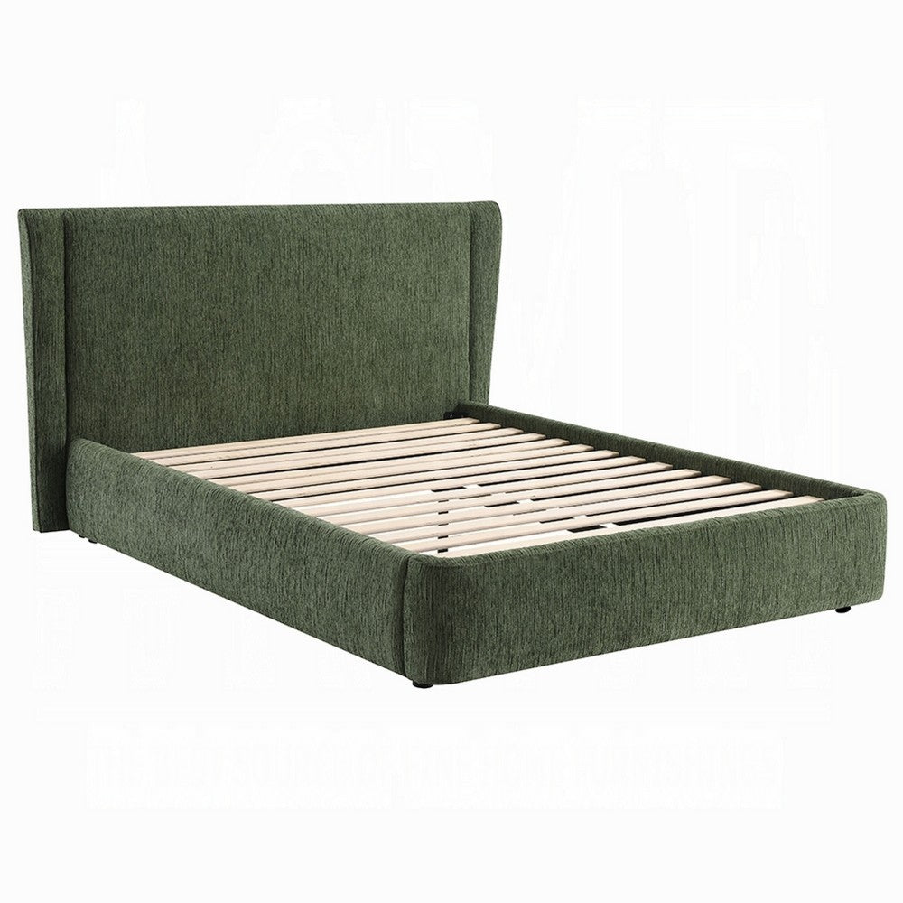 Wery Low Profile Full Bed | Textured Green Upholstered Wingback Headboard