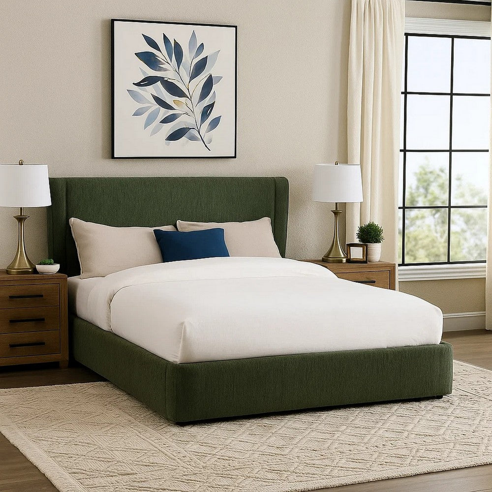 Wery Low Profile Full Bed | Textured Green Upholstered Wingback Headboard