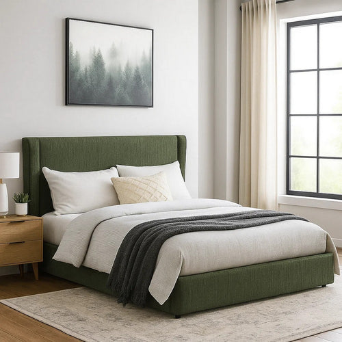Wery Low Profile Full Bed | Textured Green Upholstered Wingback Headboard